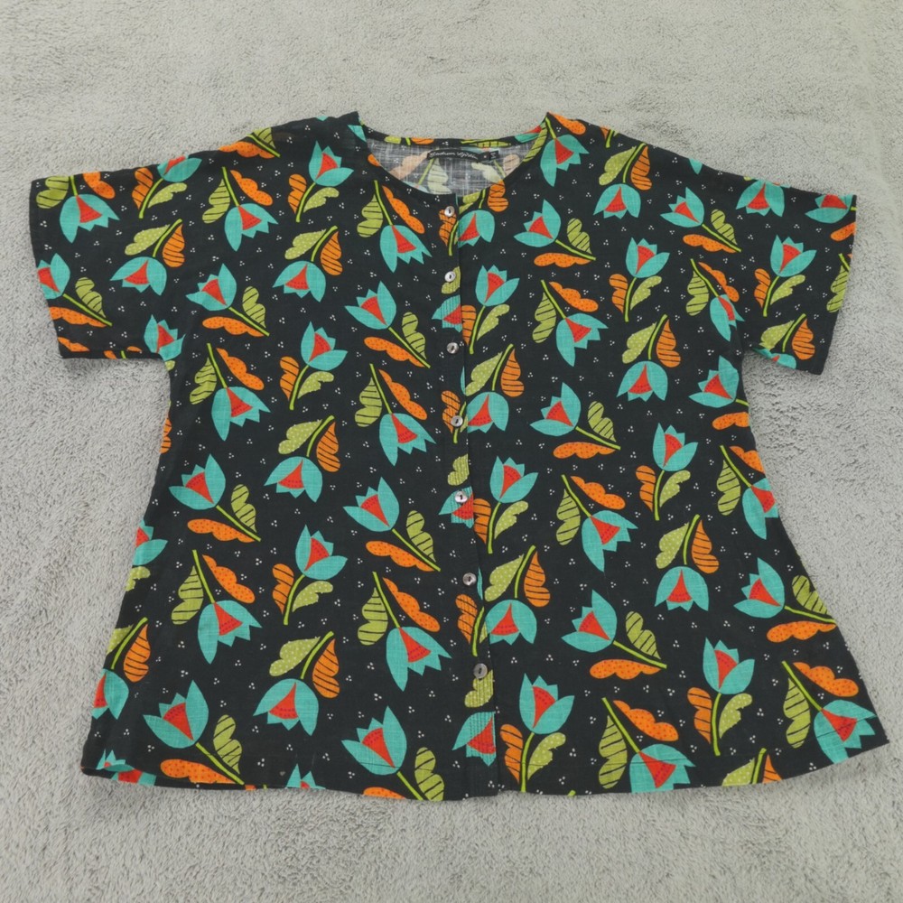 Gudrun Sjoden Top Womens Medium Black Floral Multi Organic Cotton