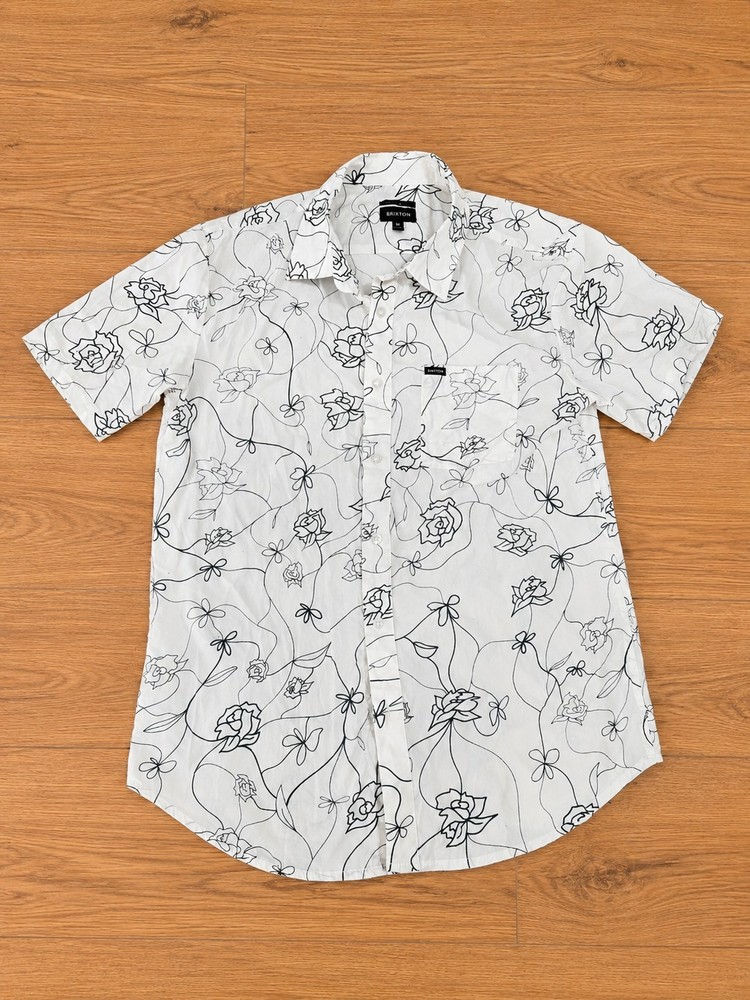 Brixton Men's Medium Floral Button Up Shirt White Black Short Sleeve Casual