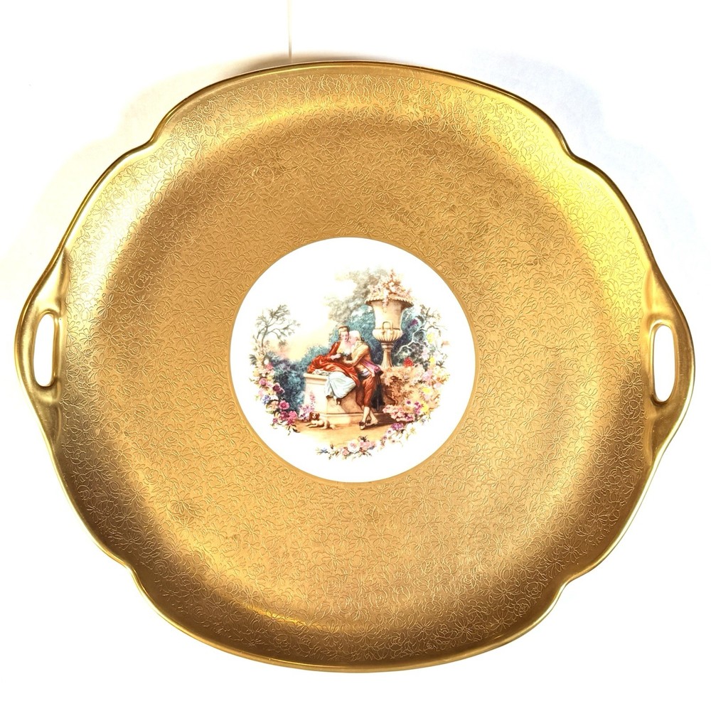 Pickard China Vintage 1930s 24k Gold Cake Plate Hand Painted Floral Center(1)