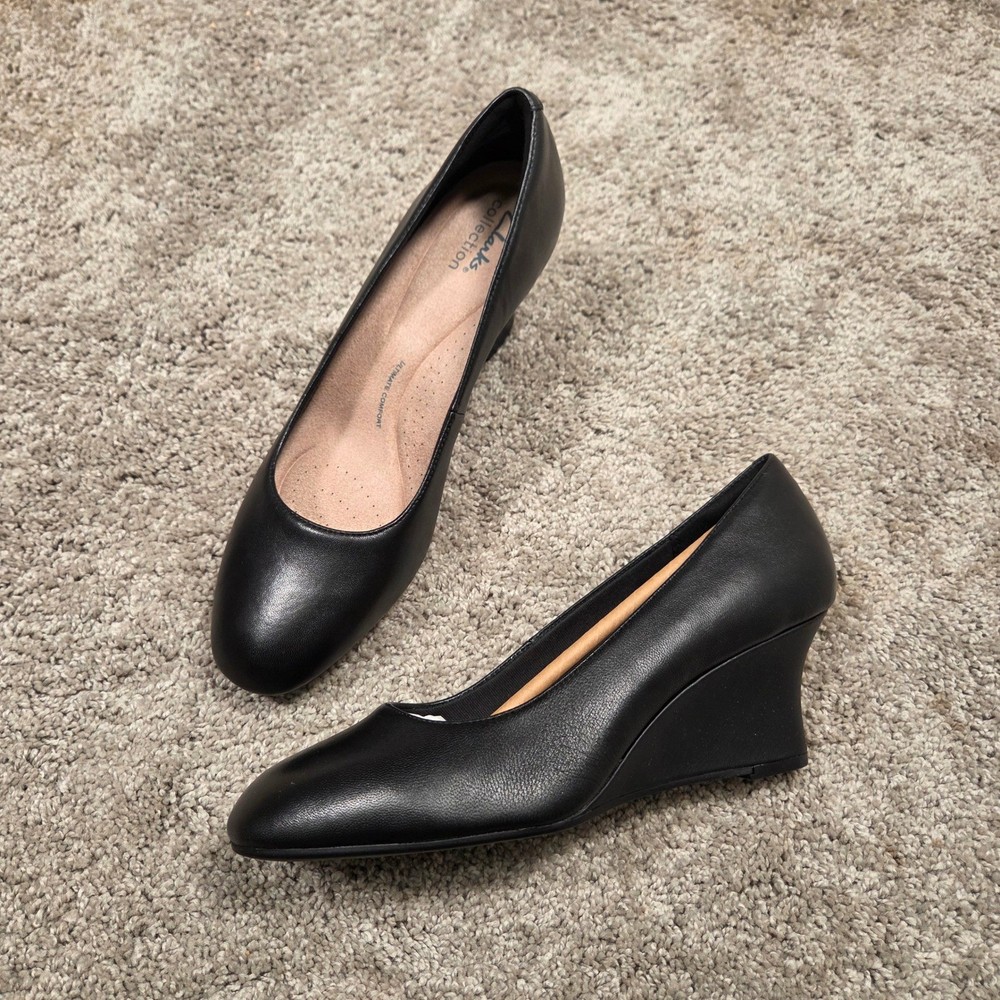 Clarks Olivette Pearl Leather Wedge Pumps Women's 10 Black Comfort Work Shoes