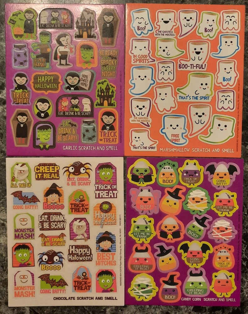 Eureka Scratch Sniff sticker sheets Garlic Marshmallow Chocolate Candy Corn Hall