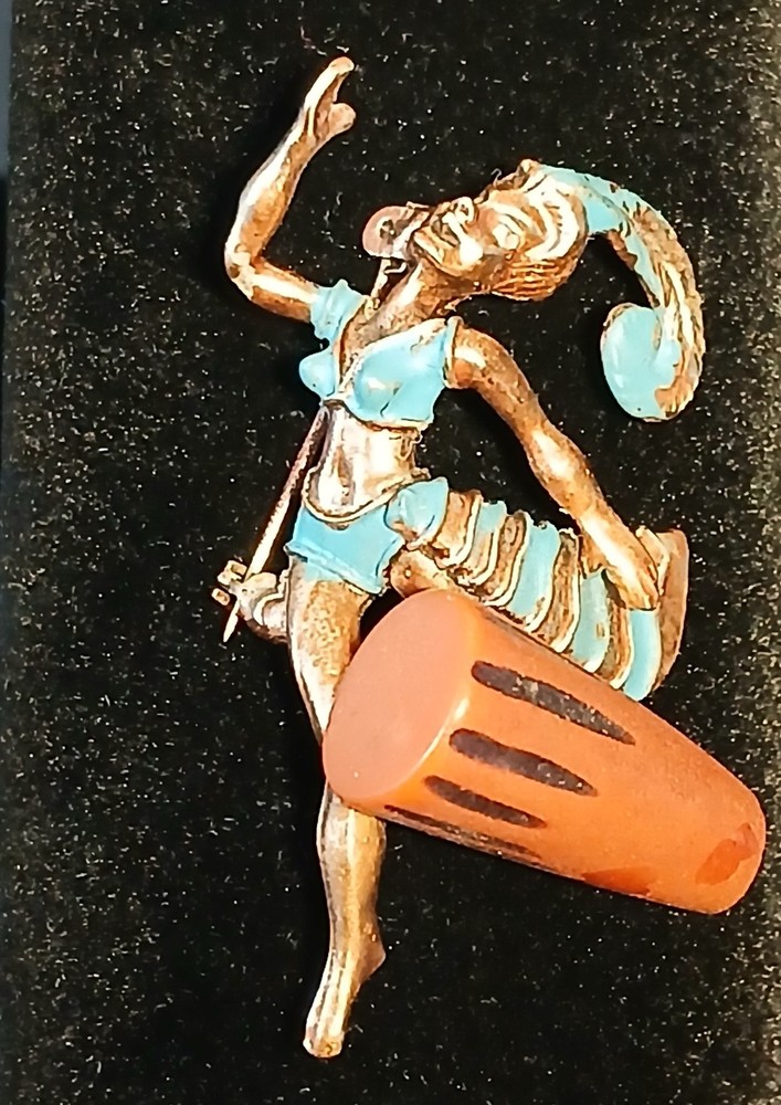 Vintage Charles Worth? Tribal Bongo Dancer Brooch Pin Bakelite Copper Tone As Is