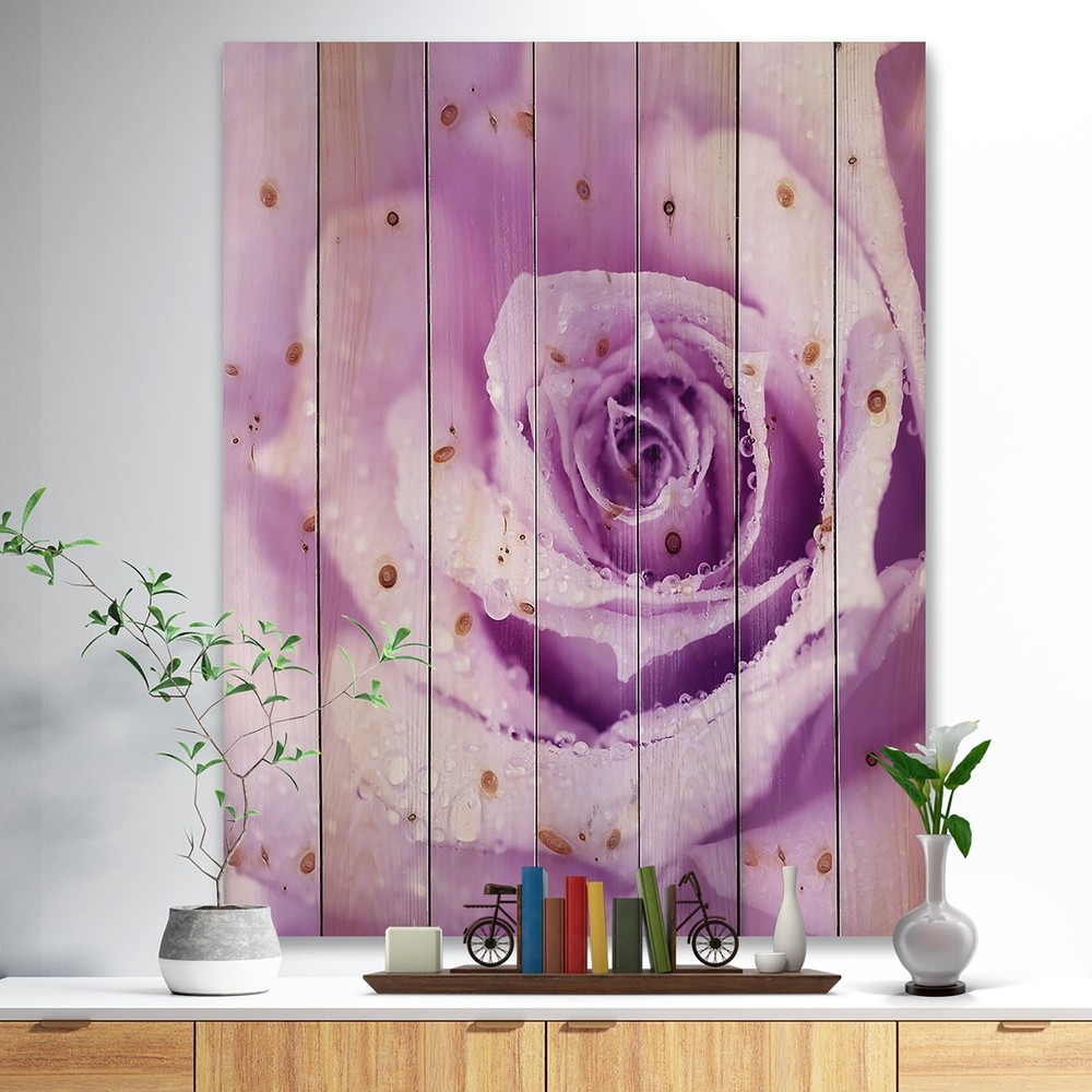 Designart 'Purple Wet Rose Background' Nautical & Coastal Wood Wall Art -