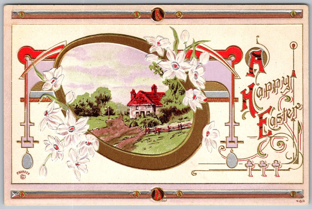 Antique Postcard Happy Easter Cottage Scene 1910s