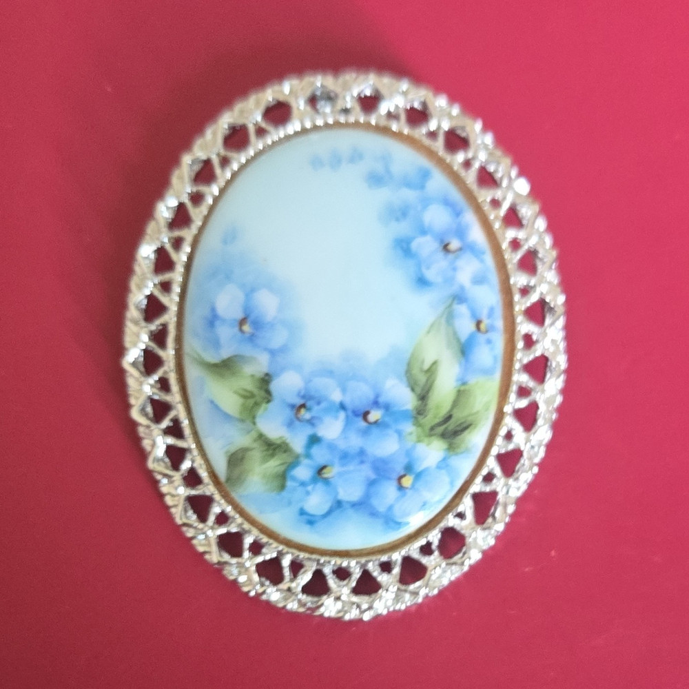 Vintage E Ilyer Porcelain Floral Brooch Blue Silver Oval Signed Bezel Fashion