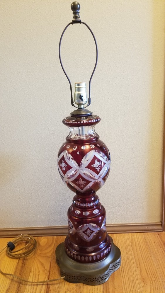 Vintage Cranberry Red Cut To Clear Glass Lamp Metal Base Bohemian Boho