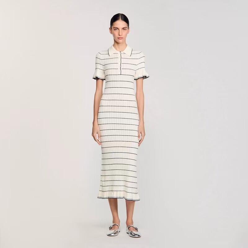 sandro streak Color contrast flounce lapel Knitted dress for Women