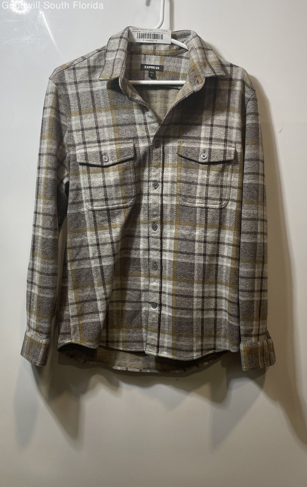 Express Mens Brown Plaid Print Flannel Long Sleeve Button-Up Shirt Size S