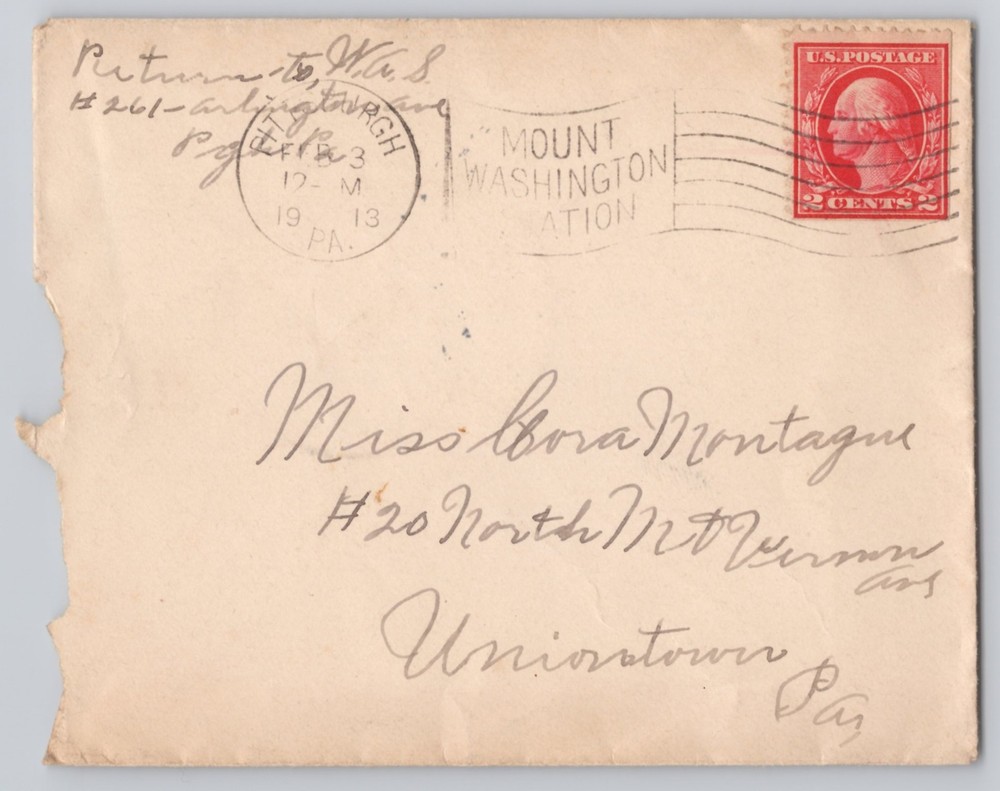 Mount Washington, PA, Station cancellation on addressed card 1913 2c