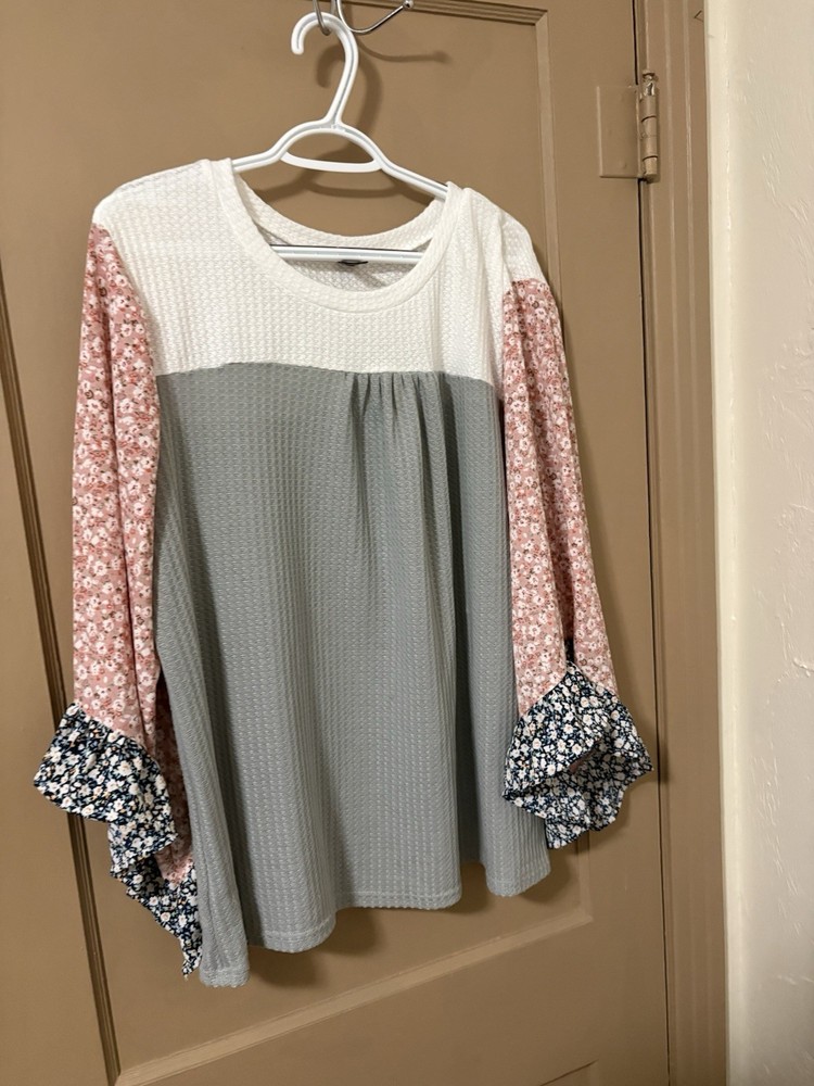 SHEIN Curve Floral Colorblock Knit Ruffle Sleeve 2XL Women's Long Blouse