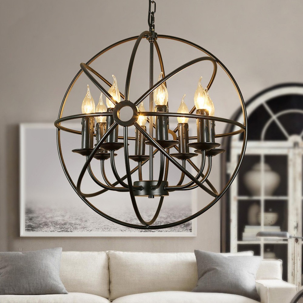 Black Metal Orb Chandelier Lamp Round Hanging Ceiling Light Fixture Globe Cage