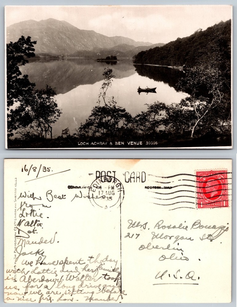 Loch Achray & Ben Venue Scotland Real Photo Postcard 1935 Trossachs RPPC