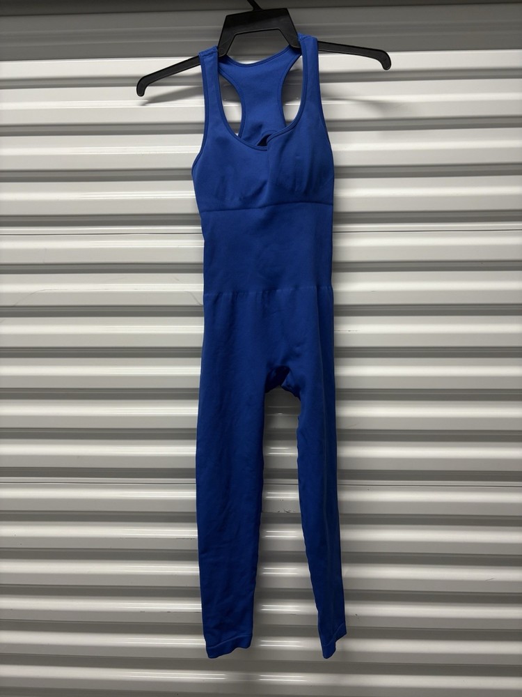 Women's Blue Sleeveless Slim Fit One-Piece Jumpsuit Scoop Neck Athleisure