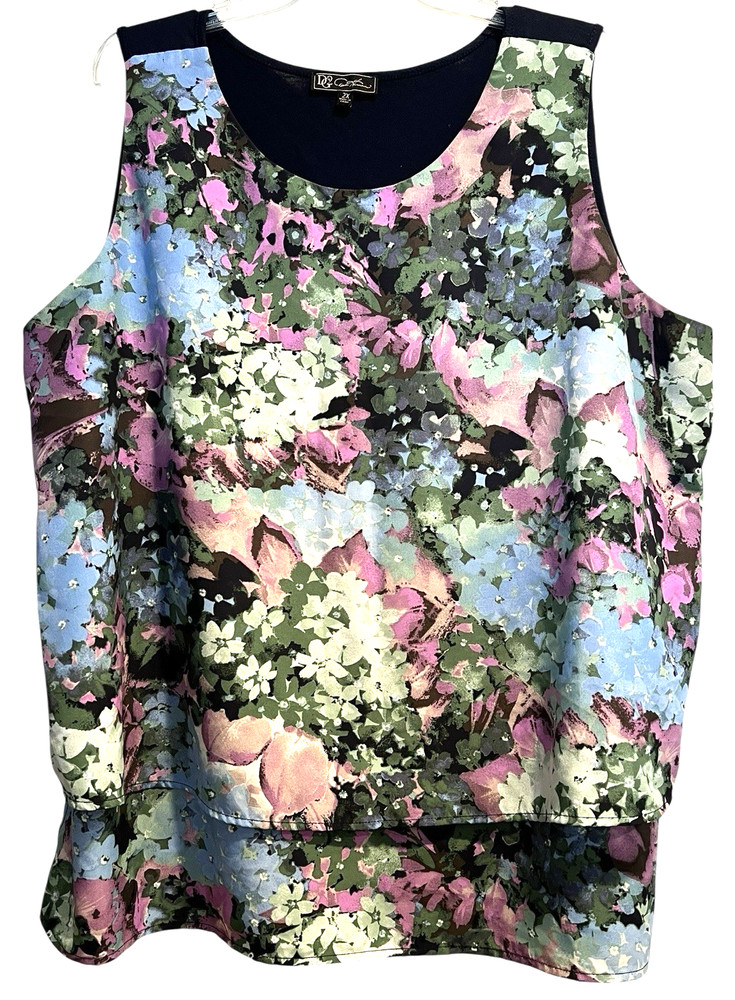 DG2 Diane Gilman Top Size 2X Floral Tiered Silky Stretch Sleeveless Tunic Blouse