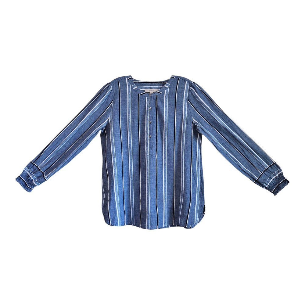 LOFT Ann Taylor Size M Blouse Blue White Vertical Striped 1/2 Buttons Cotton 40