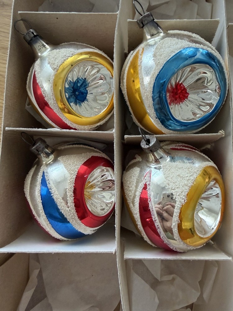 4 Vintage Glass Triple Indent  Stripe Christmas Ornaments ( No Box )