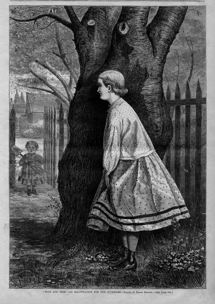 HIDE AND SEEK, AN ILLUSTRATION FOR THE JUVENILES, BY FRANK BELLEW, MOTHER, CHILD