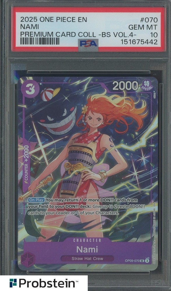 #2 2025 One Piece En Premium Card Coll BS Vol. 4 #070 Nami PSA 10 GEM MINTPROBSTEIN is actively accepting consignments !!