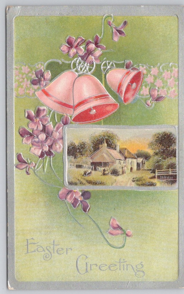 Vintage Embossed Easter Greeting Postcard Pink Bells Rural Cottage Unposted