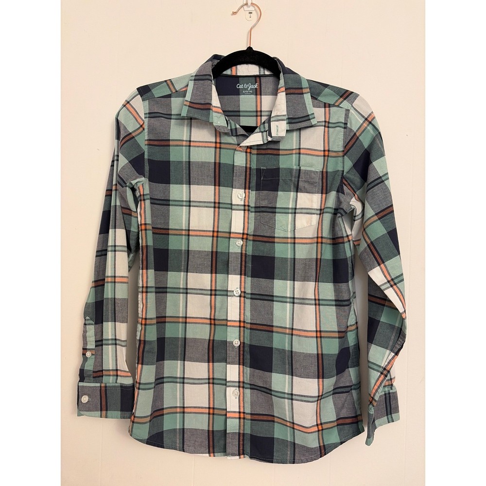 Cat & Jack Button Down Shirt Boys Kids L 12/14 Green Plaid Long Sleeve Preppy