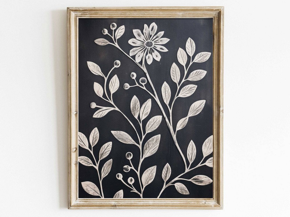White Flower Print Rustic Floral Wall Decor Black Wood Wall Art Black And White