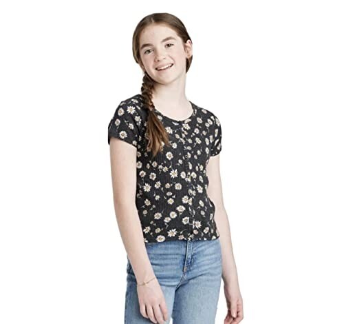 Art Class Girls Short Sleeve Floral Top Button Front Shirt Black Large (10/12)