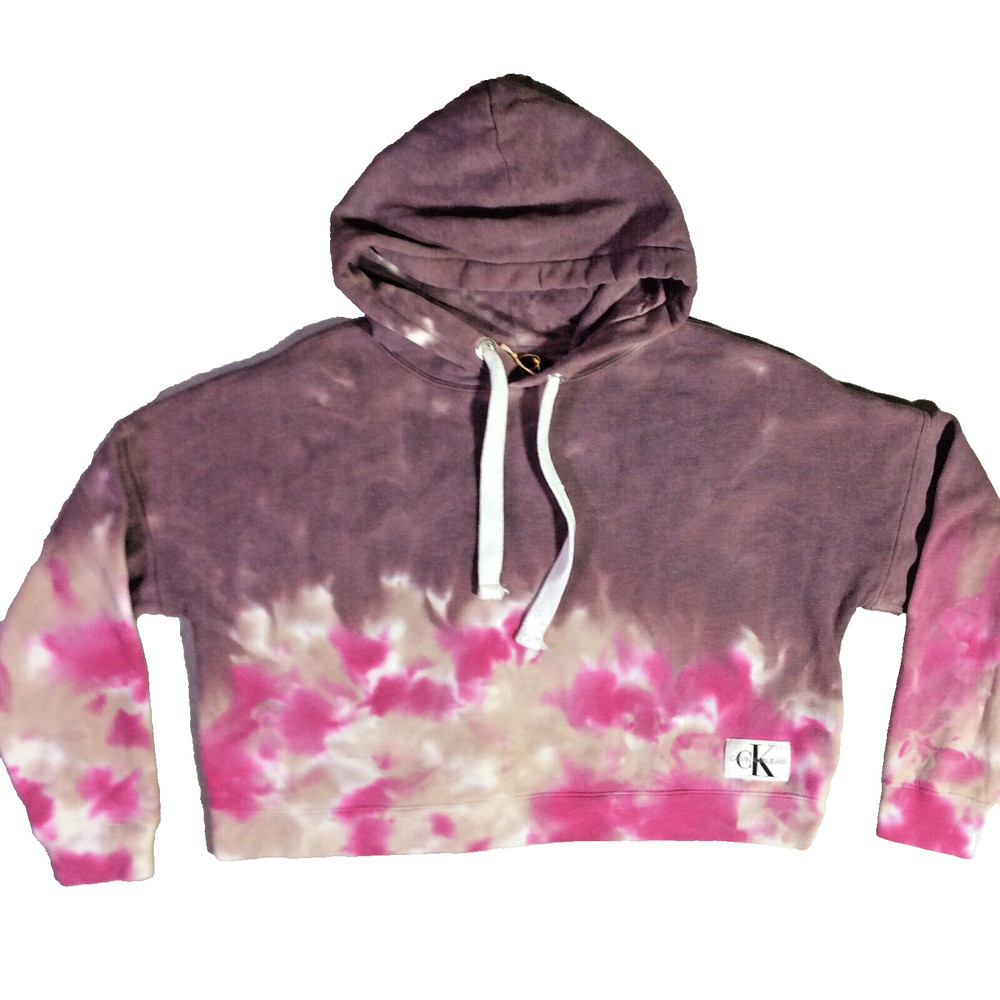 Calvin Klein Hoodie Women's Sz M Purple Pink Sweatshirt Tie Dye Cropped Top EUC