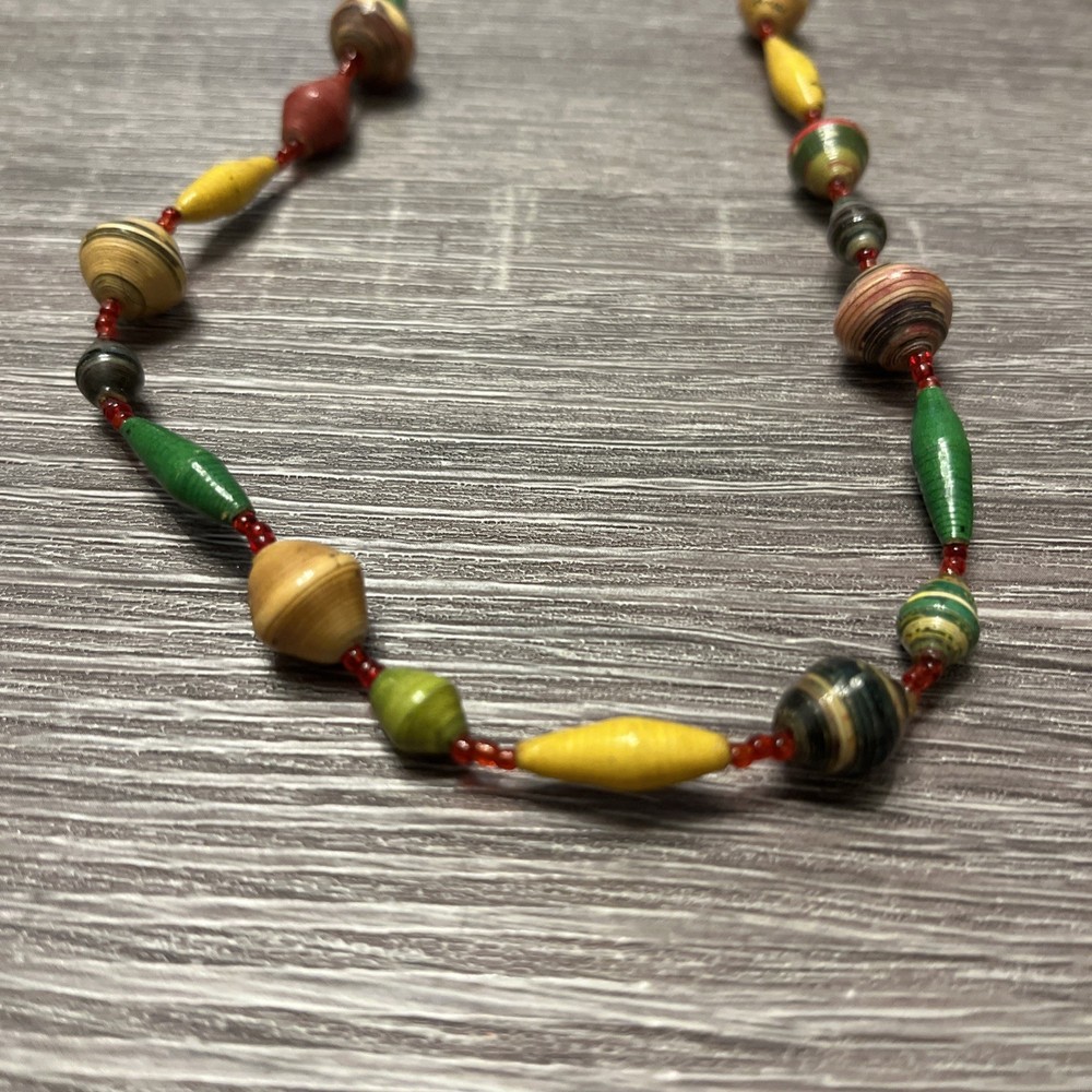 Vintage Paper Bead Necklace 34” Multicolor Handmade Boho Folk Art