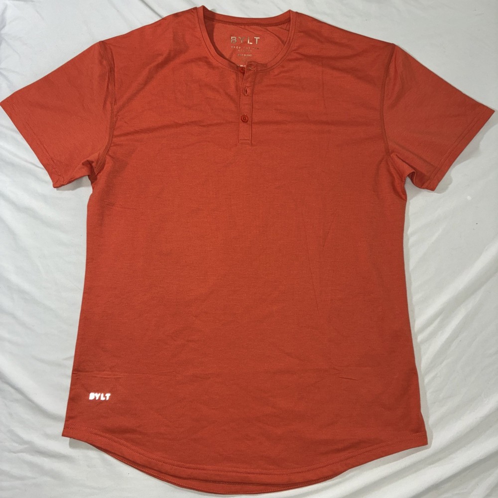 BYLT Blend Drop Cut Blood Orange Henley Polo Performance Casual Shirt Mens Large