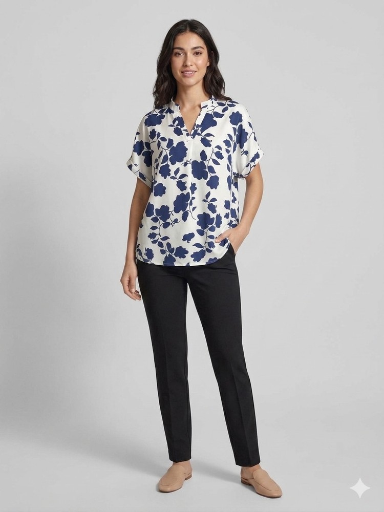 SHEIN Women's White Blue Floral Split Neck Short Sleeve Woven Blouse Size XL