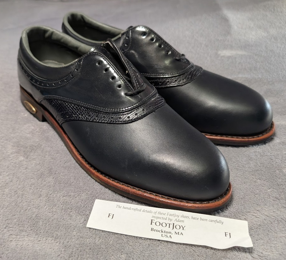 NEW Footjoy Classics USA Black Leather Golf Shoes Mens 9B Croc Skin Saddle 90418