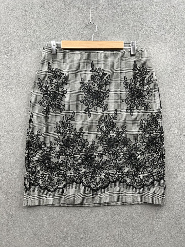 Anne Klein Womens Plaid Floral Lace Pencil Skirt Size 6