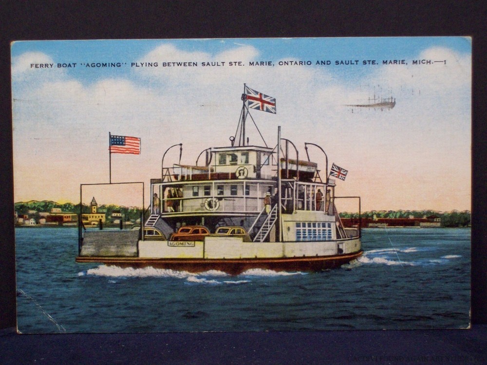 Car Ferry Boat Agoming Sault Sainte Marie Michigan Ontario Canada Postcard Ship