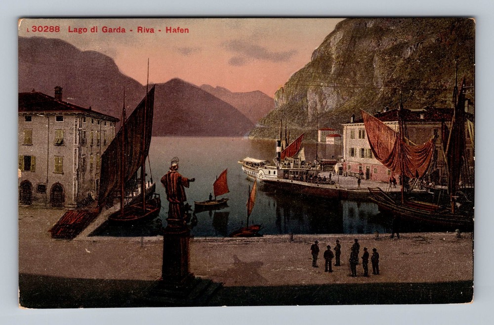 Italy- Lake Garda Harbor Steamer Souvenir Post Old View PC Card Vintage Postcard