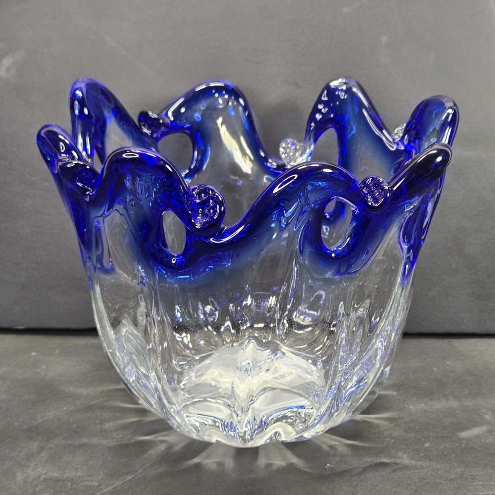 Vintage Made In Italy Murano Cobalt Blue & Clear Art Glass Vase/Bowl - Large