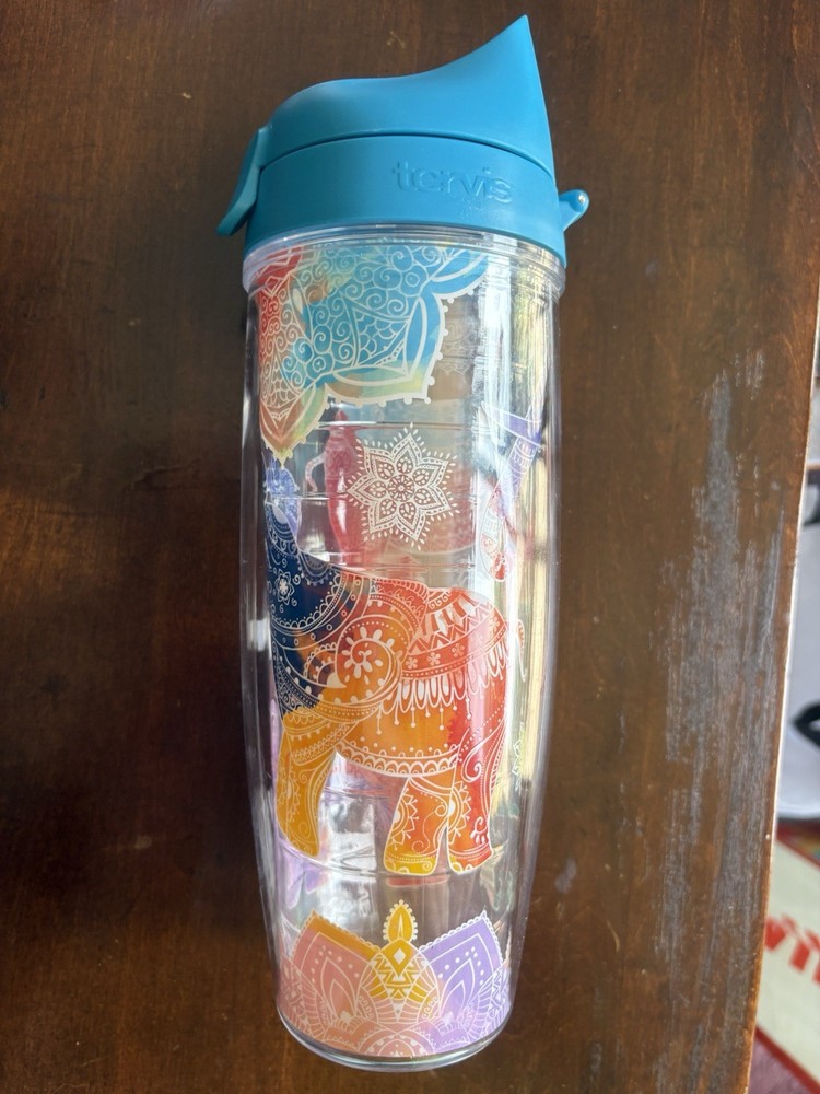 Tervis Water Bottle Tumbler Colorful Elephant Design with Lid 24oz EUC WITH LID