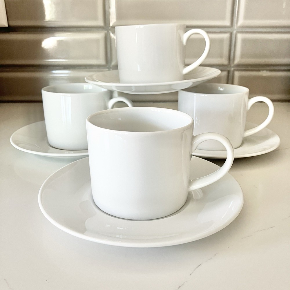 Crate & Barrel Espresso Cups & Saucers Set of 4 White Porcelain Coffee Mugs
