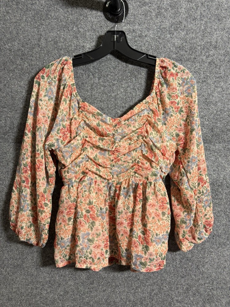 American Eagle Small Ditsy Floral Puff Sleeve Smocked Boho Peasant Blouse  P19