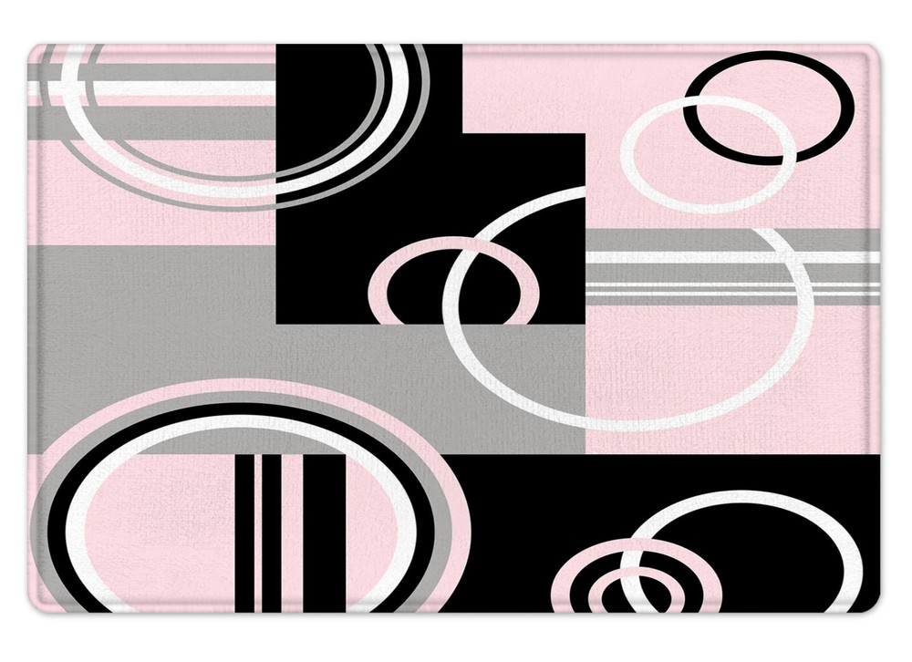 Pink Geometric Black White Striped Bath Mat Kitchen Rug 24x16 Inch