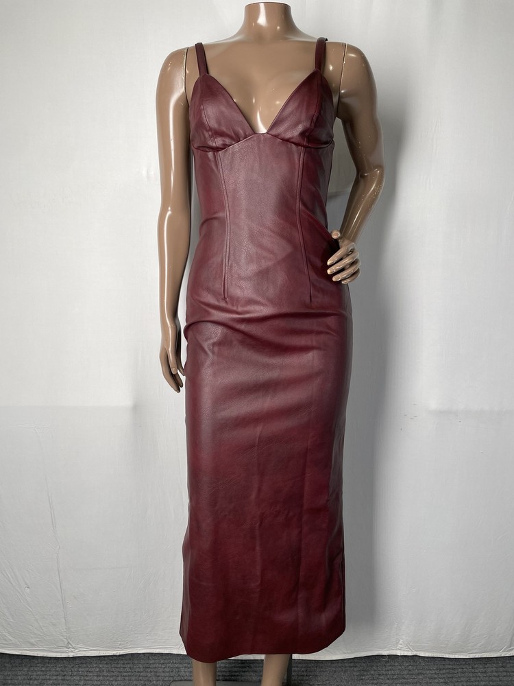 Bardot Womens Midi Dress Burgundy Size XS V-Neck Faux Leather Strap Sleeve Lined