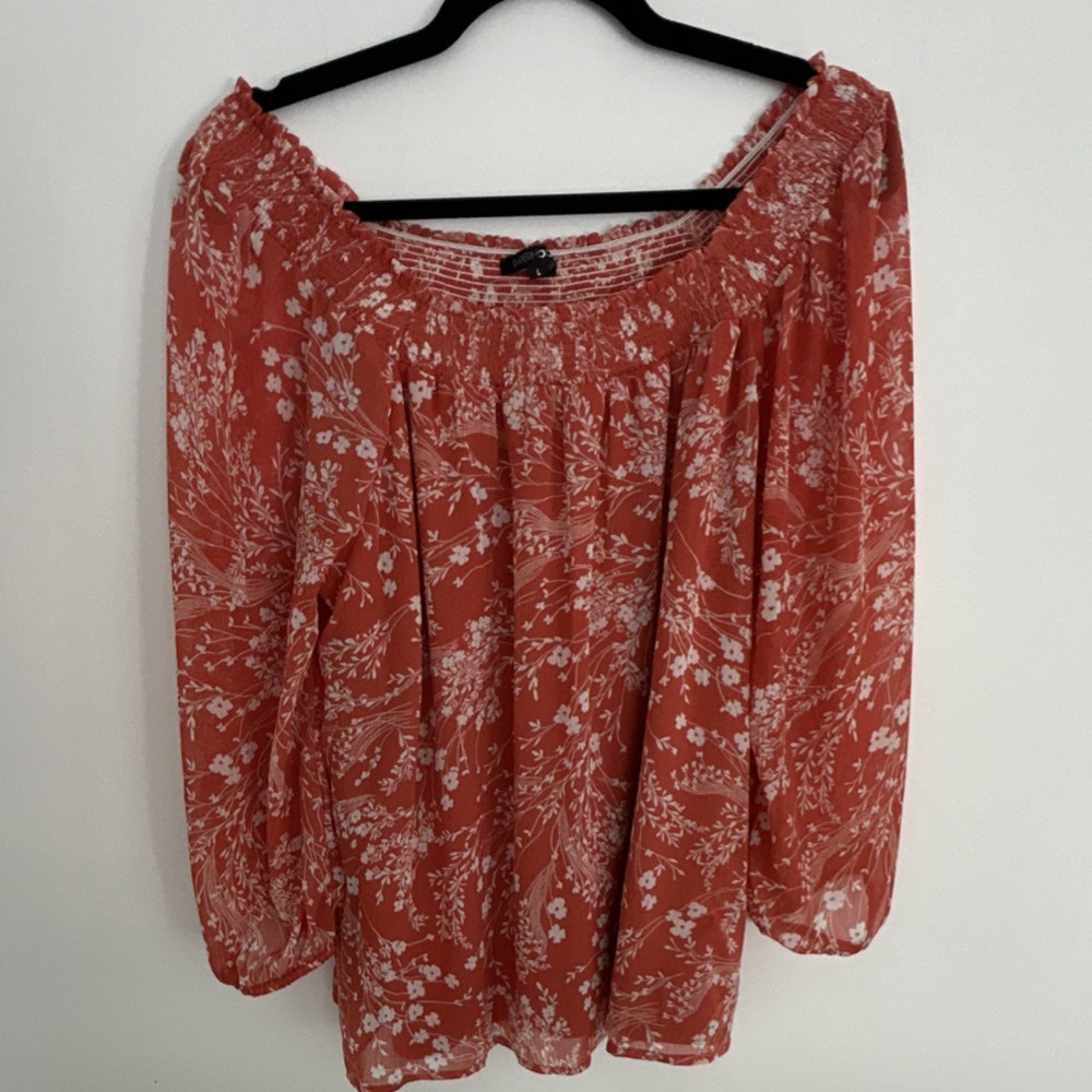 Papermoon Floral Chiffon Smocked Scoop Neck Lined Balloon Sleeve Blouse L