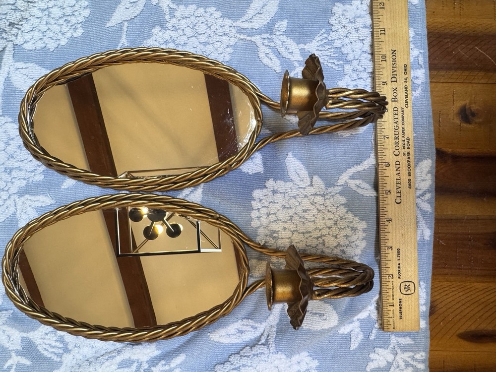 Vtg Hollywood Regency Gold Brass Mirror  Sconce Candle Holder Pair Mid Century