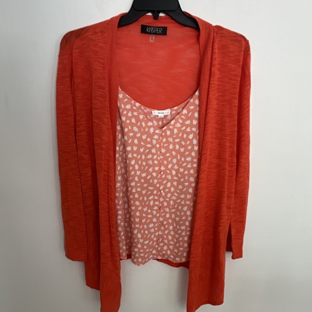 Kasper Women's 2 Piece Outfit Set XL Orange Pink Knit Cardigan & V-Neck Cami