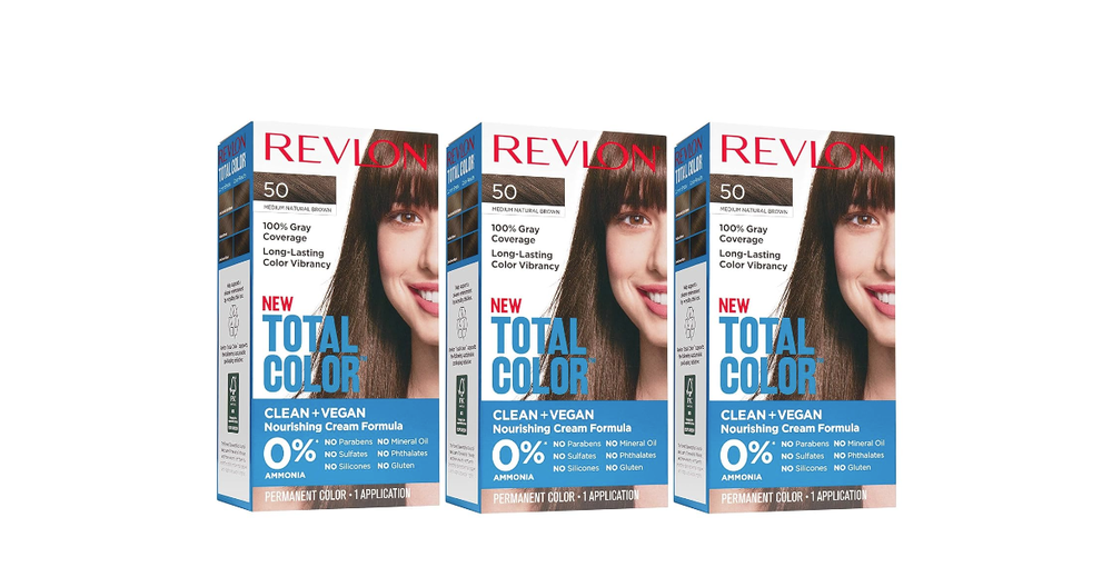 3PK REVLON Permanent Total Color # 50 •MEDIUM NATURAL BROWN •Vegan Gray Coverage