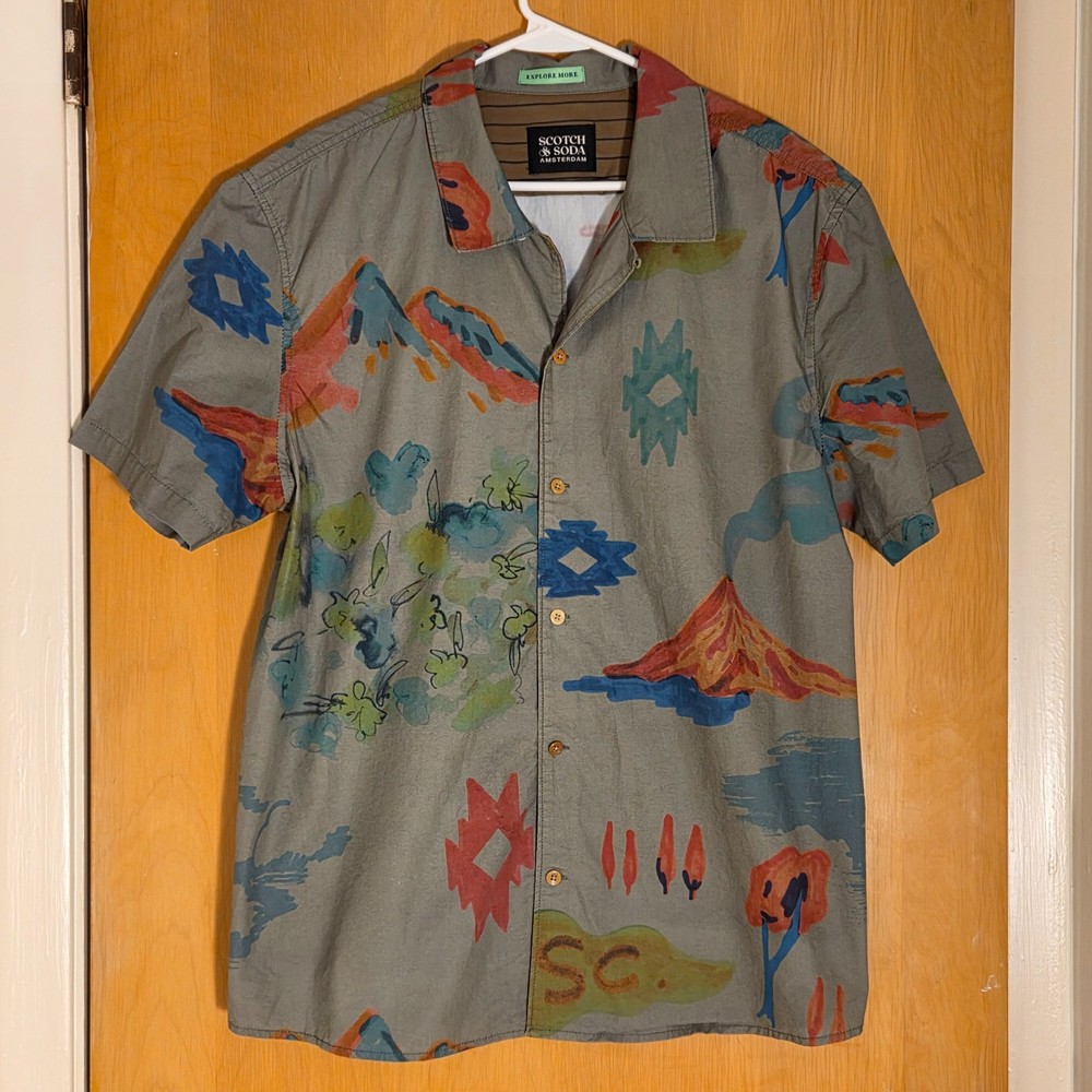 Scotch & Soda Amsterdam Explore More Button Up S/S Camp Shirt Mens XL Graphic