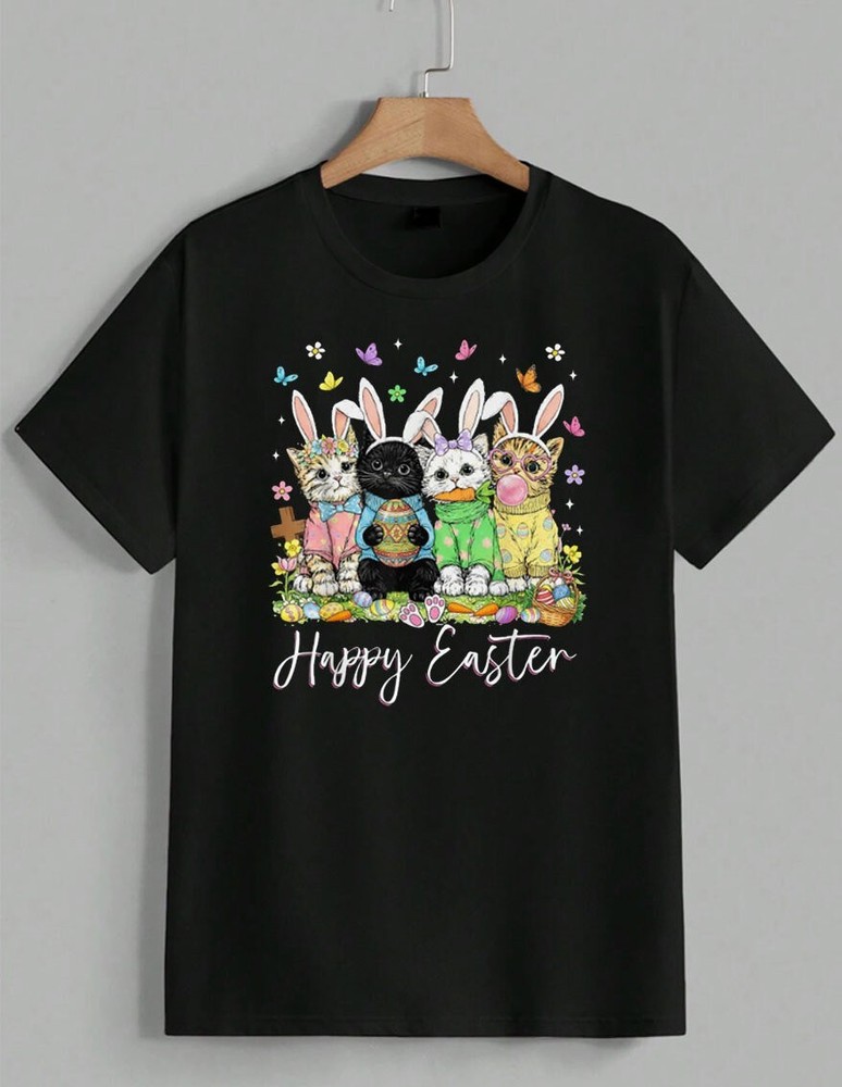 Happy Easter Cats T-Shirt Bunny Ears Kitten Egg Graphic Spring Holiday Unisex