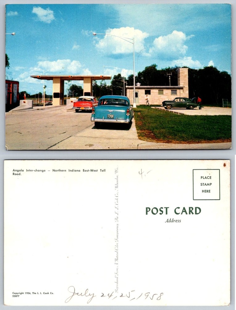 Angola Indiana Toll Road Interchange 1956 Postcard Vintage Cars L. L. Cook