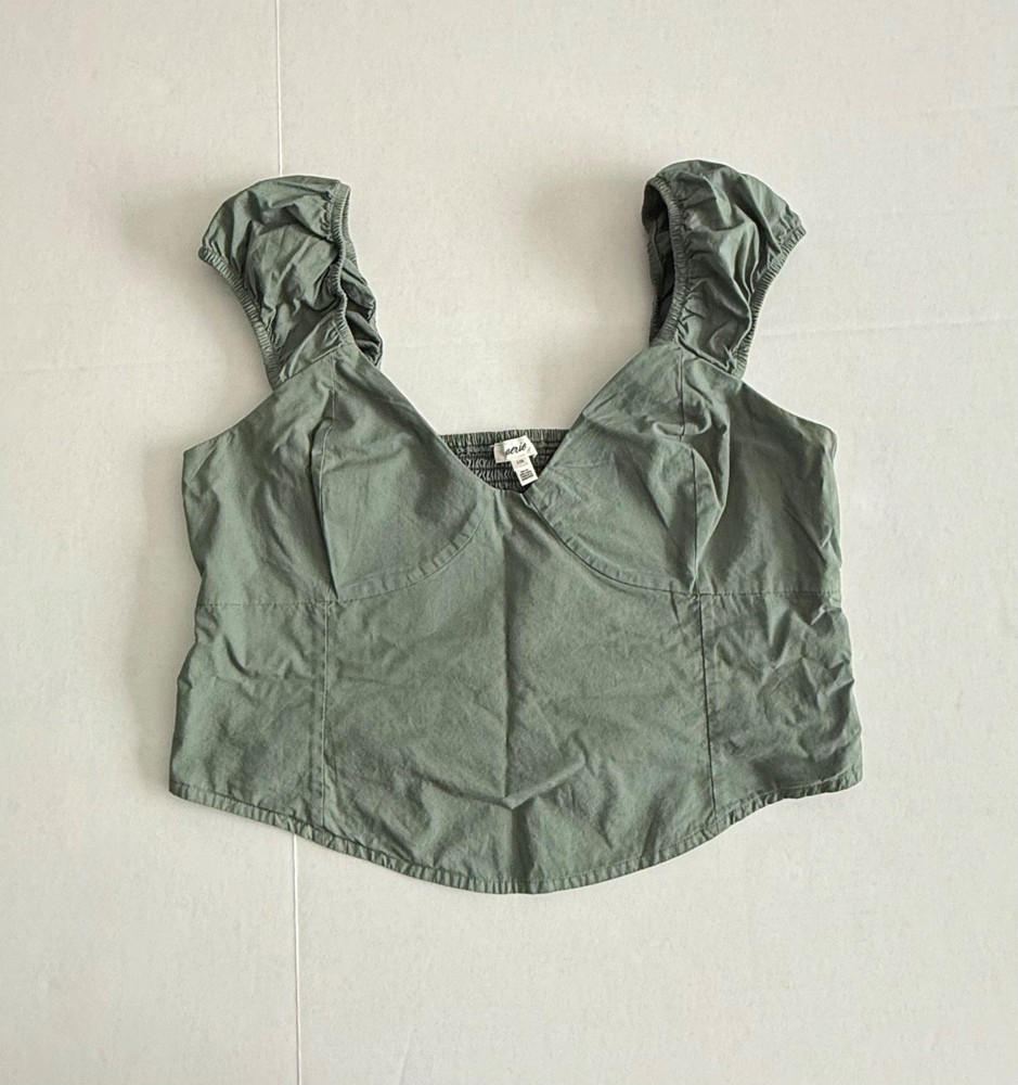 aerie Women's Green Corset Cap Sleeve Cotton Top with Smocked Back Size Large