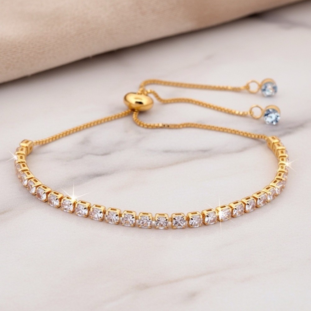 Crystal Tennis Bracelet-Gold Adjustable Bolo Slider Made with Swarovski Crystals