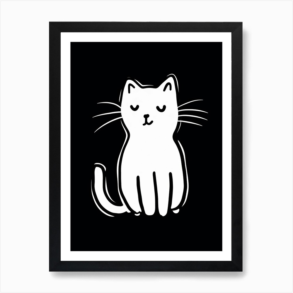 Black And White Cat Line Drawing 7  Framed Wall Art Poster Canvas Print Picture